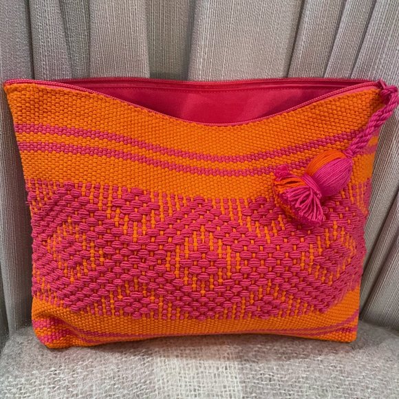 2-PACK SET HANDWOVEN PINK & ORANGE MAKE UP ACCESSORY BAGS 100% COTTON EXTERIOR - Picture 2 of 10
